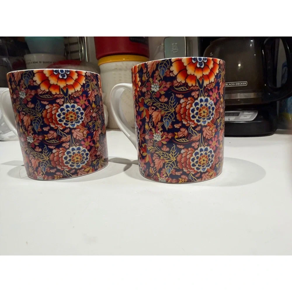 Williams Sonoma Floral Coffee Mugs Set of 2 Navy Orange Chintz Porcelain